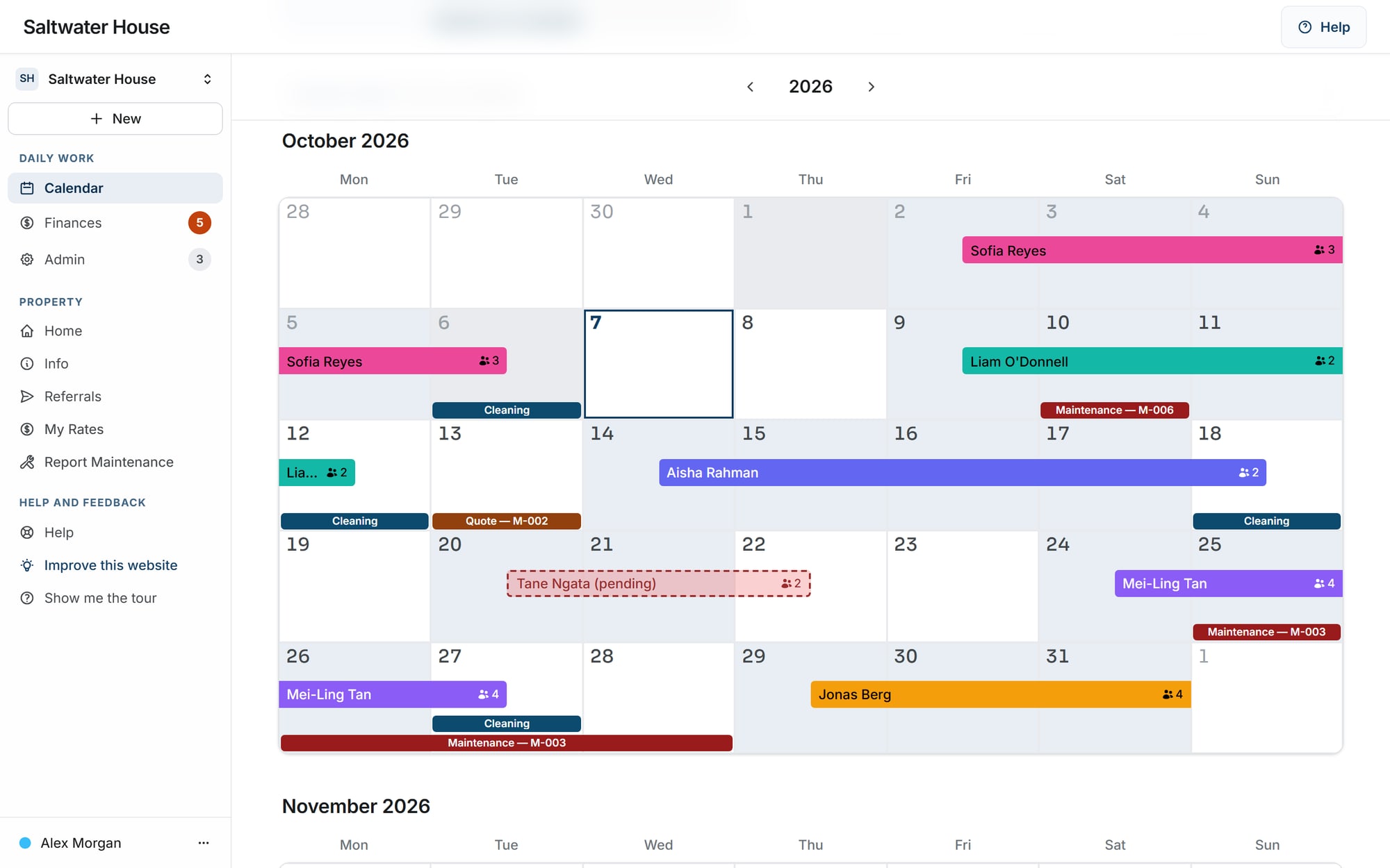 The owner calendar for October with guest stays, cleans, maintenance and a pending request