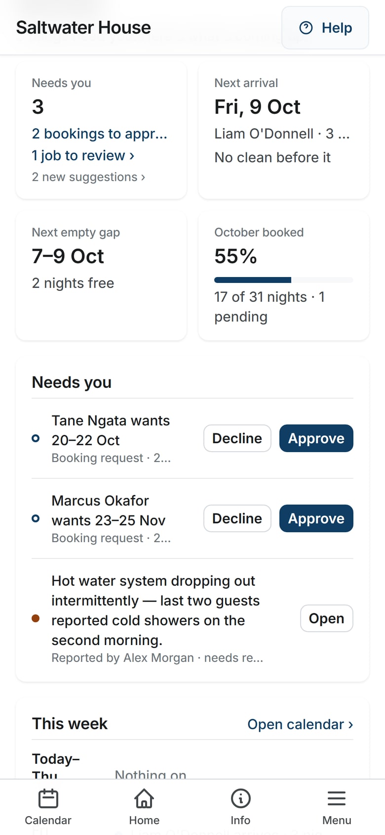 Two booking requests waiting on a phone, each with Approve and Decline buttons