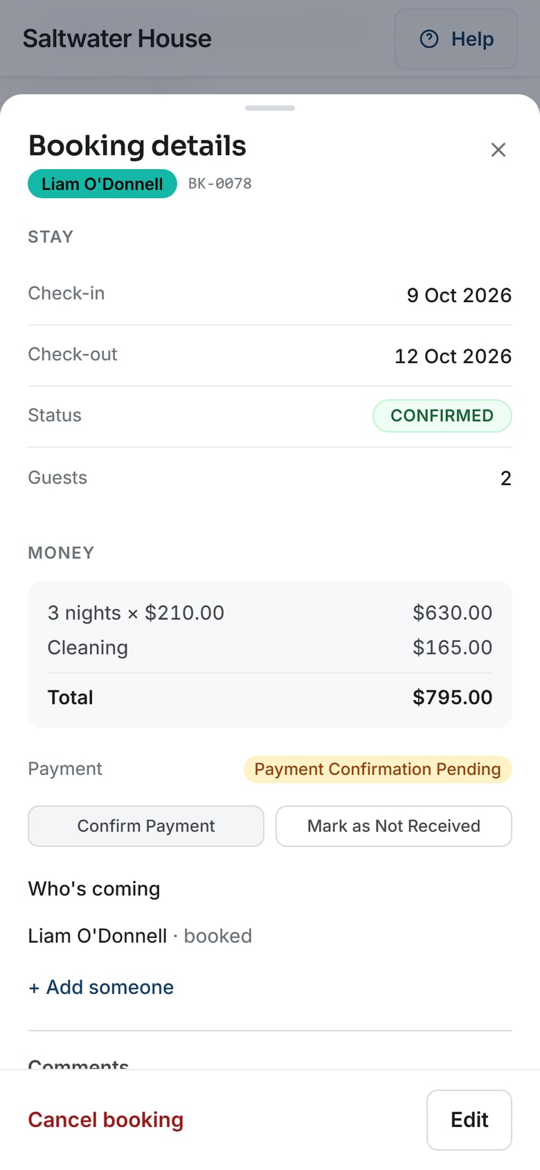 A booking on a phone: 3 nights at $210 plus the $165 cleaning fee, $795 in total, payment confirmation pending
